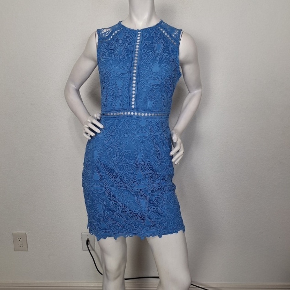 Aqua Blue Floral Coquette Romantic Lace Sleeveless Sheath Mini Dress Size S